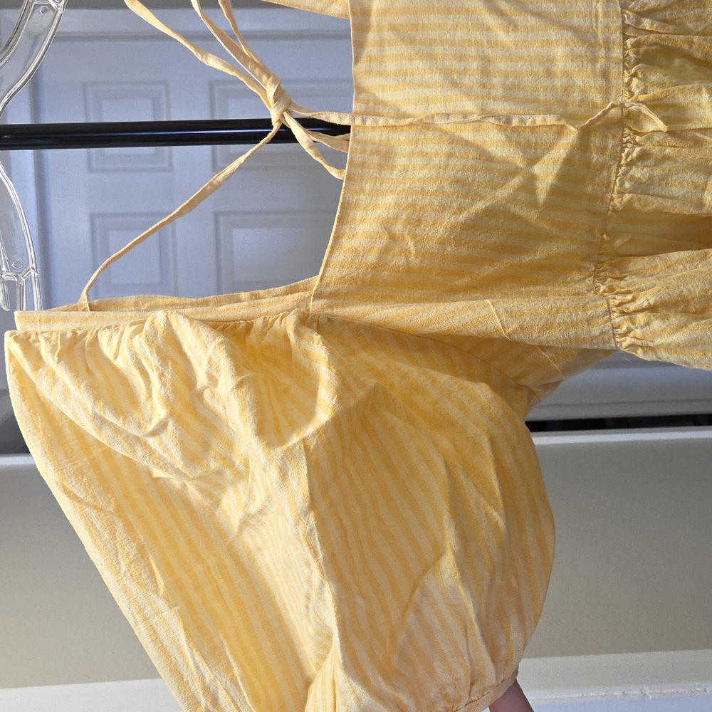 Jillian Harris x Joe Fresh Yellow Pinstripe Milkmaid Dress | Cotton Linen Blend - Picture 3 of 8